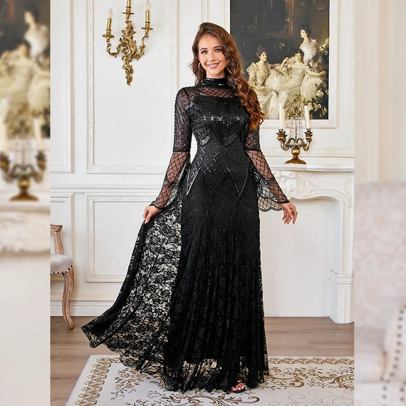 2025 New Sexy Elegant party dresses woman Black Prom Vintage great gatsby Evening dress Long Sleeve Lace Formal Dresses