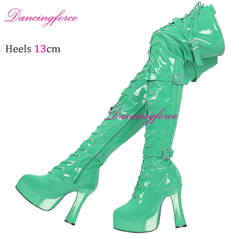 Sexy Green 13cm Chunky Heels Over Knee Boots 3 Buckles Belts Thick Platform Nightclub Party Dance Thigh High Long Boots Women