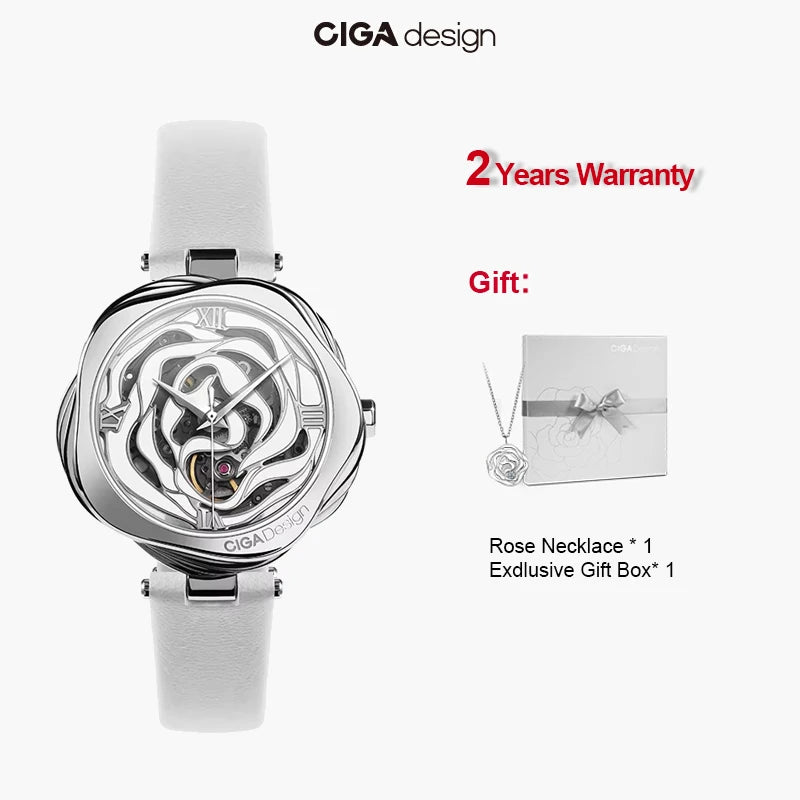 CIGA Design Automatic Watches for Women Denmark Rose Skeleton Mechanical / Japan Quartz Wristwatch Lady Elegant Wrist Timepiece