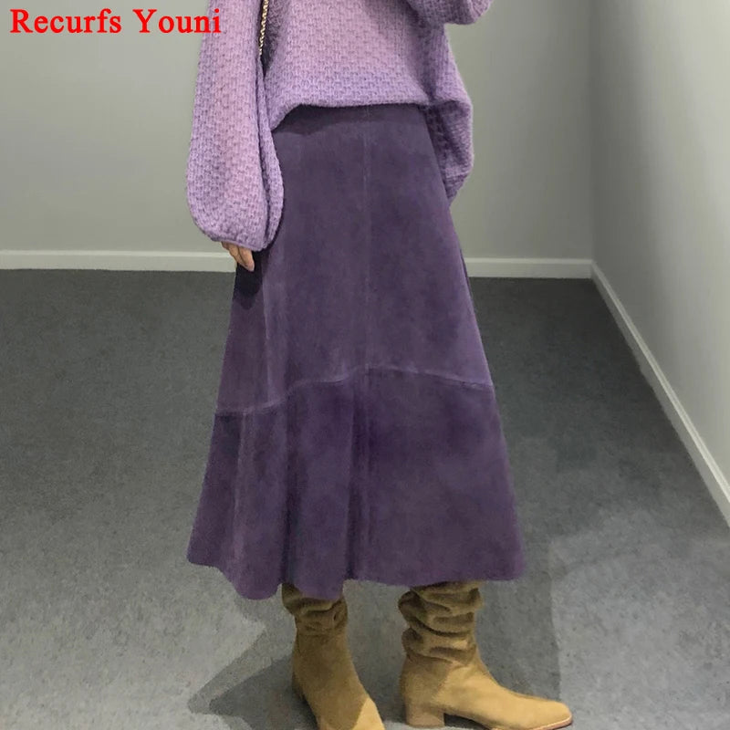 Women Purple Suede Leather Skirt 2025 Trend Spring Harajuku Big Hem 85 cm Long Faldas Mujer Chic Bohemian 100% Leather Dress