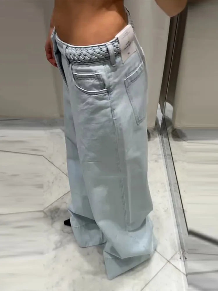 Braided Twist Jeans Woman Low Waist Full Length Loose Wide Leg Trousers Female 2025 Spring Summer New Fashion Street Denim Pants