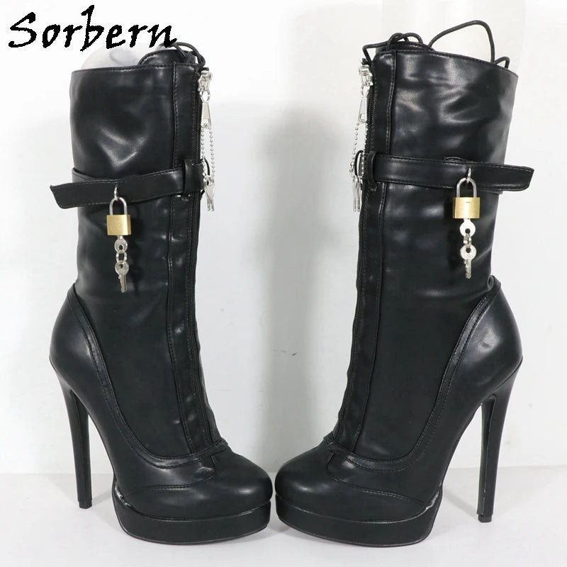 Sorbern Unisex High Ankle Boots Women Straps With Locks Visible Platform High Heels 25Cm Shaft Height Lockable Front Zipper Boot