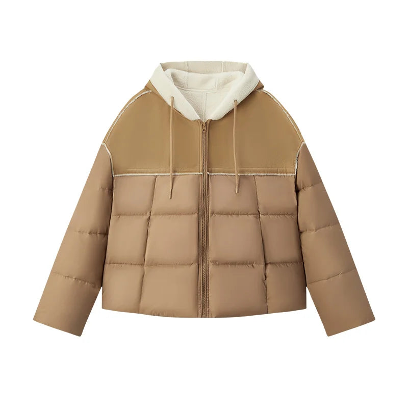 Semir Cotton Jacket Women Patchwork Loose Cotton Jacket Retro 2024 Winter New Furry Hooded Puffer Coat Trendy Cotton Jacket