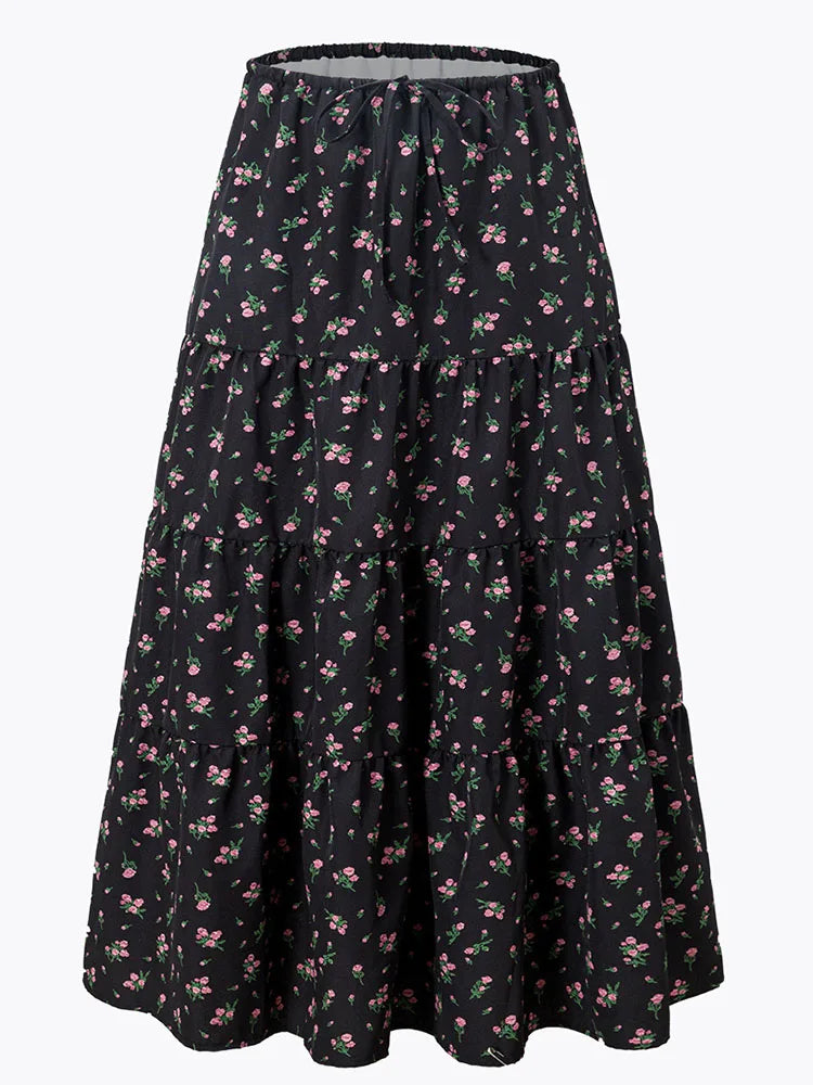 Brown Long Skirt Women Summer Cotton Ruffle Floral Skirt Woman Luxury Green Tie Up Loose White Women Long Skirts High Waisted