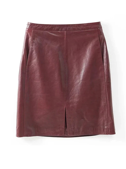 Real leather Women Skirts Ladies 100% Sheepskin Leather Jupe Femme Front Split Sexy Wrap Saias Mujer Mid-Length Burgundy Faldas