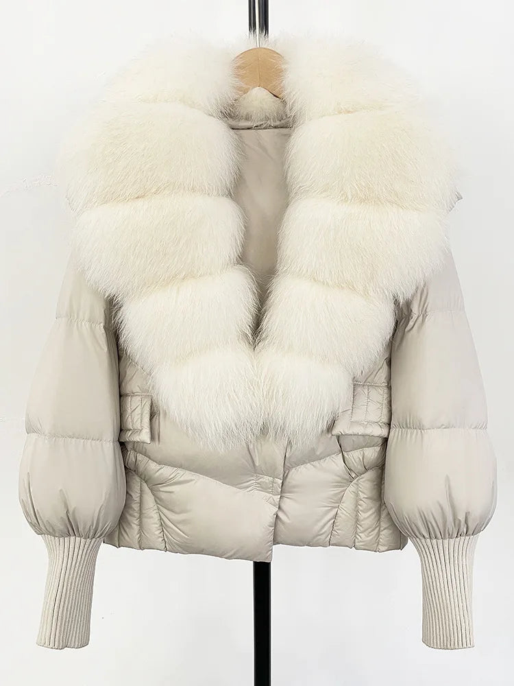 ZMEENNA Women's Black Puffer Down Jacket With Large Real Fur Collar Short Warm Winter Coat Knit Cuffs Elegant Outerwear ZM3377