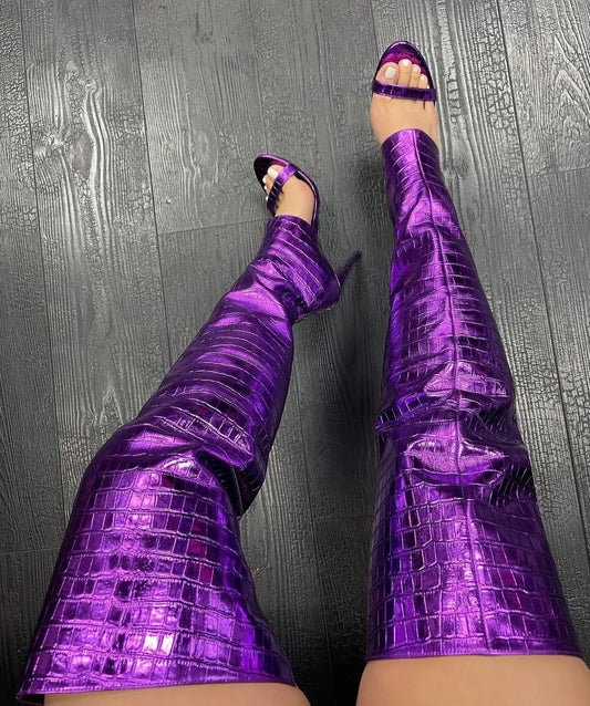 Summer Open Toe Snakeskin Leather Over the Knee Sandal Boots Sexy Cutouts Thigh High Boots