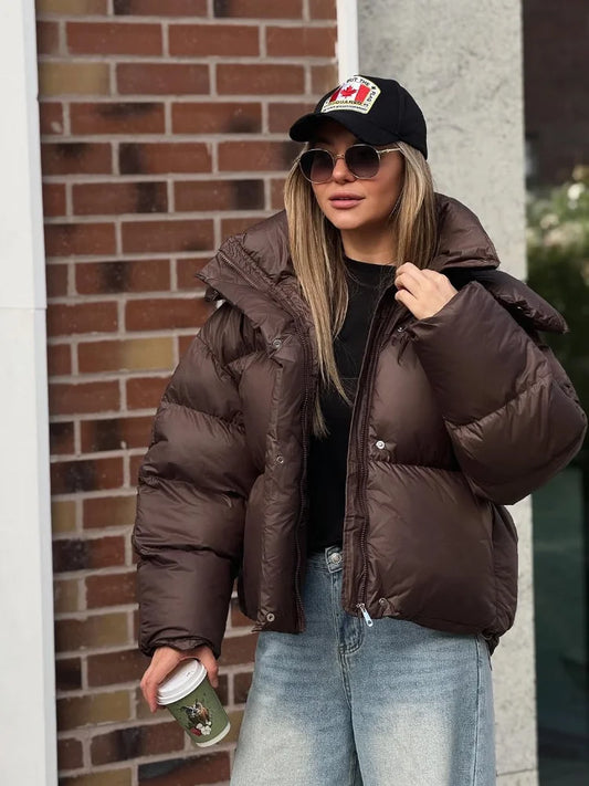 Deep Brown Short Cotton Coat Women Casual Lapel Full Sleeve Single Breasted Loose Jacket Lady 2025 Winter Office Commute Outwear
