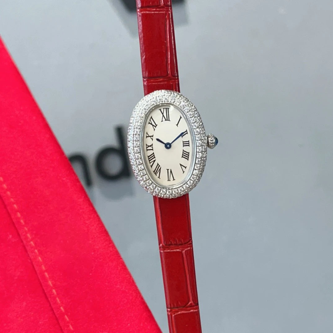Brand Wrist Watches Woman Girl High Quality 23mm Diamond Oval Style Japanese Quartz Movement Leather Strap Clock CT80