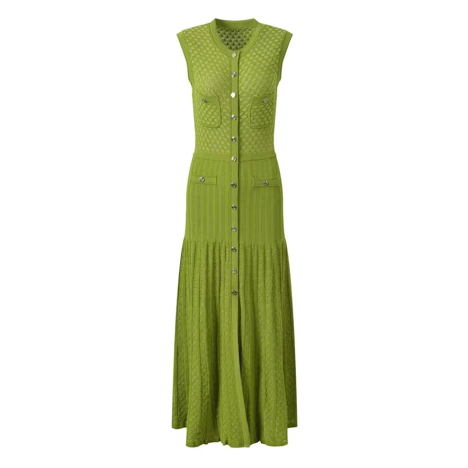 Elegant Formal Knit Black/Green V-neck Sleeveless Button Split Dress New Fashion temperament Slim Fit Chic Work Sweater Dress