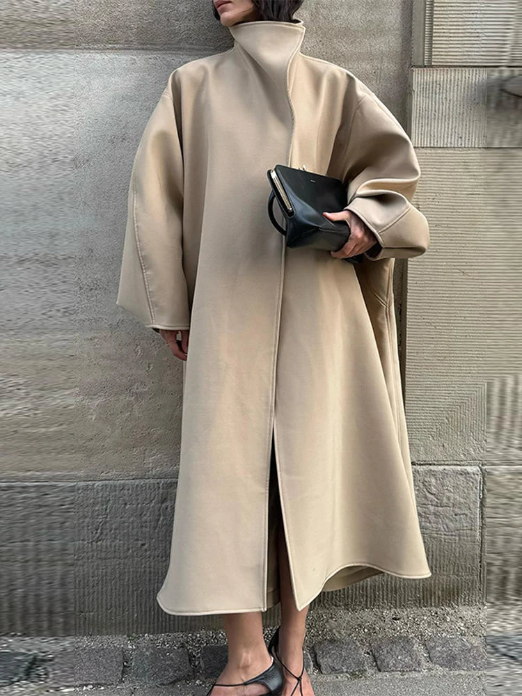 Chic Stand Collar Long Woolen Coat Women Puff Sleeve Single Breasted Loose Warm Overcoat 2025 Autumn Winter Lady Outwear New
