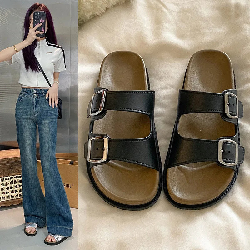 2025 New Style Summer Woman Elegant Fashionable Slippers Metal Buckles Comfortable High Quality Sandals Women's Shoes