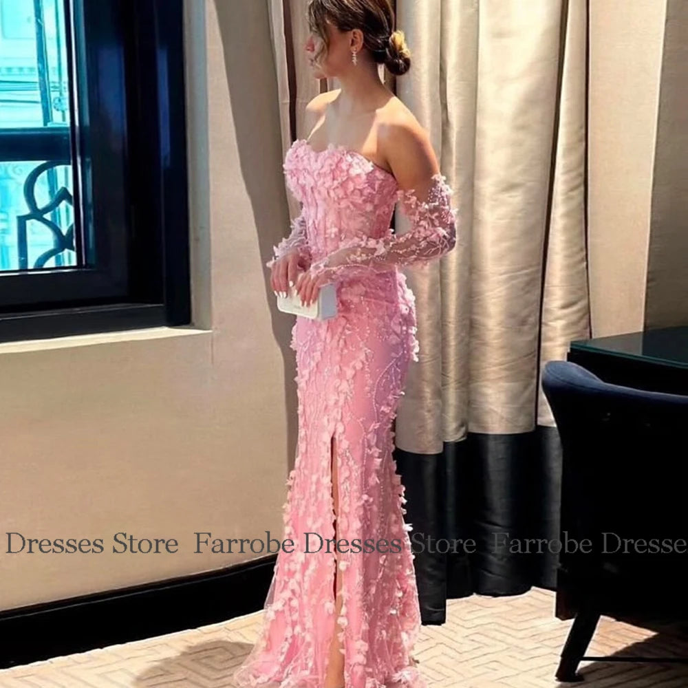 Romantic Elegant Party Dresses Woman Organza Mermaid Valentine's Day Dress Pink Off-the-shoulder Applique Side Split Prom Dress