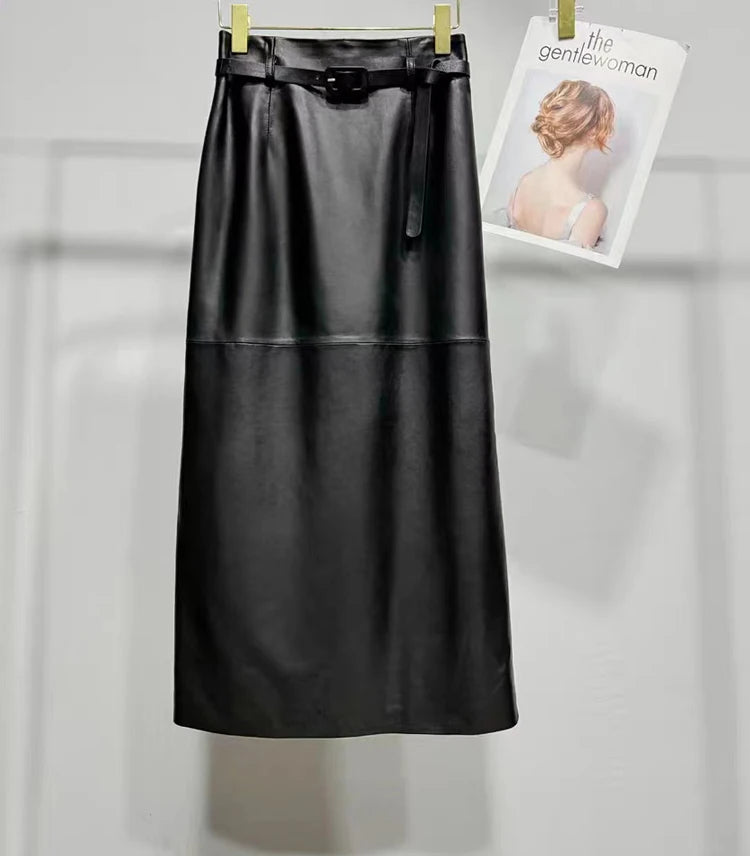 Women's Ankle Long Leather Skirt with Waist Belt Female Soft genuine Leather Back Split Straight Jupe Slimming 85 cm Maxi Faldas