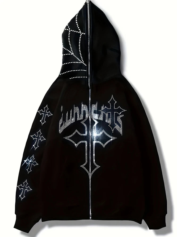 Street Tide Gothic Dark Long Sleeve Sweatshirt Ladies Casual Loose Top Y2K Fashion Hoodie Rhinestone Letter Cross Print Hoodie