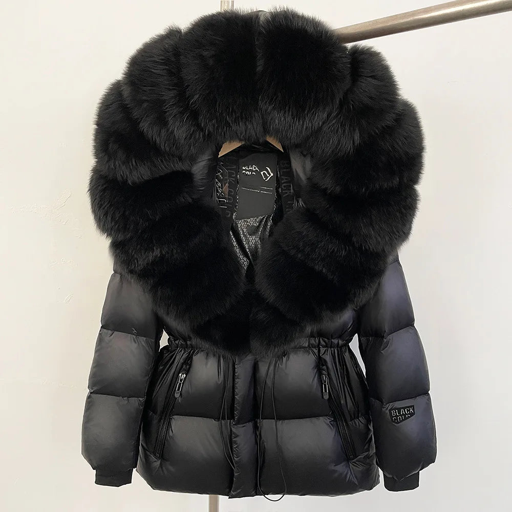 ZMEENNA Women's Black Puffer Down Jacket With Oversized Real Fur Hood Winter Warm Coat Luxurious Quilted Outerwear ZM3375