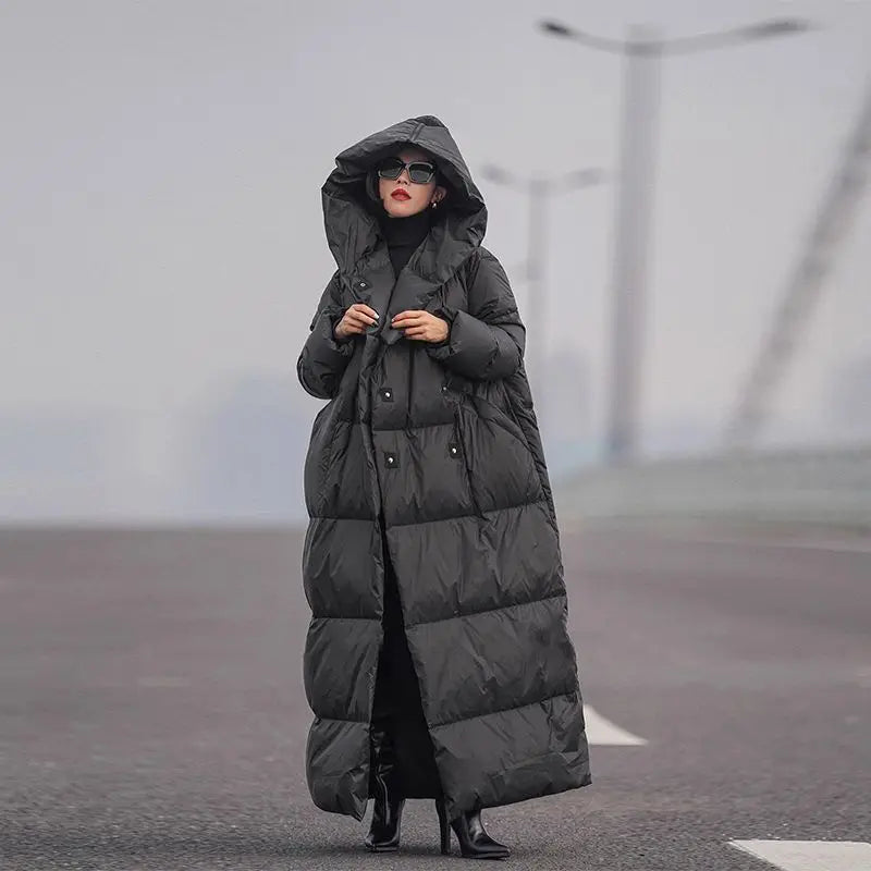 Winter Women Long White Duck Down Cotton Coat Fashion Windproof Hood Casual Thickened Warm Cotton Coat Women Parkas Jacket Coat