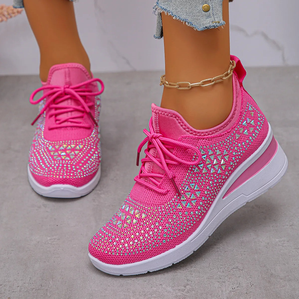 Women's Sneakers Shiny Rhinestone Wedge  Breathable Knit Non Slip Walking Shoes Woman Plus Size Fashion Thick Sole White Sneaker