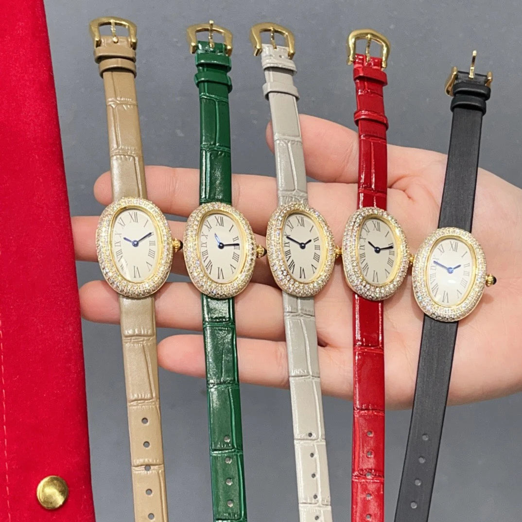 Brand Wrist Watches Woman Girl High Quality 23mm Diamond Oval Style Japanese Quartz Movement Leather Strap Clock CT80