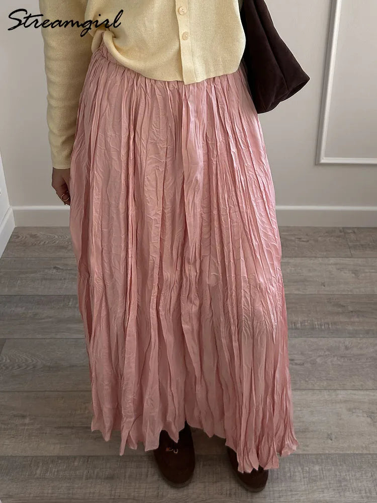 Streamgirl Women Summer Skirts Long Pleated A Line Elegant Solid Big Swing Maxi Skirt Ladies Blue White Beach Skirt Women Luxury