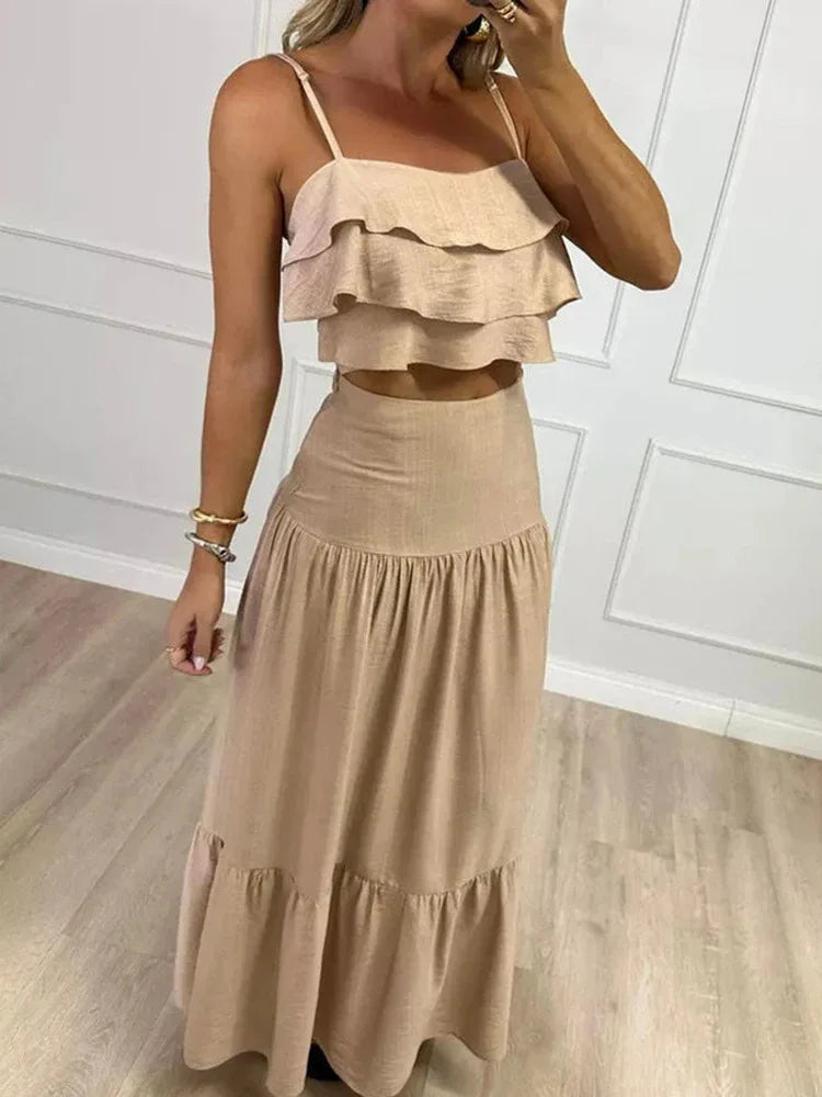 Beige Linen Ruffled Crop Top Tiered Skirt Set for Women Perfect for Summer Days Picnics Casual Bohemian Outfits