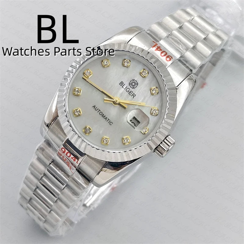 BLIGER 31mm NH05 Automatic Watch For Women Pink Gold Gray Purple Sunburst White Mother Pearl Dial Diamond Index Steel Bracelet