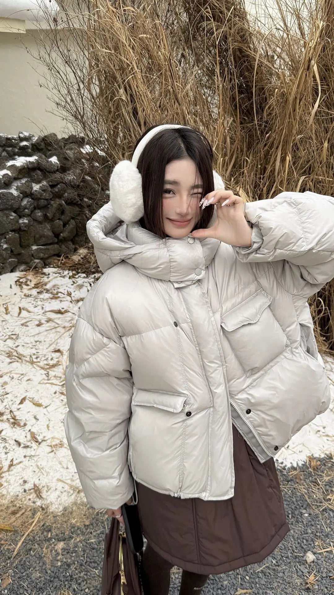 Winter White Duck Down Hooded Parker Outwear Coat Women Big Pocket Solid Loose Down Jacket New Female Warm Zipper Quilted Jacket