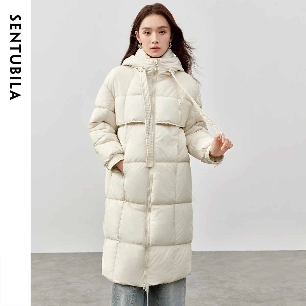 SENTUBILA Women's Long Parkas 2025 Winter Padding Coat Oversized Stand Neck Hooded Zipper Warm Outerwear Woman Clothes W44M58169