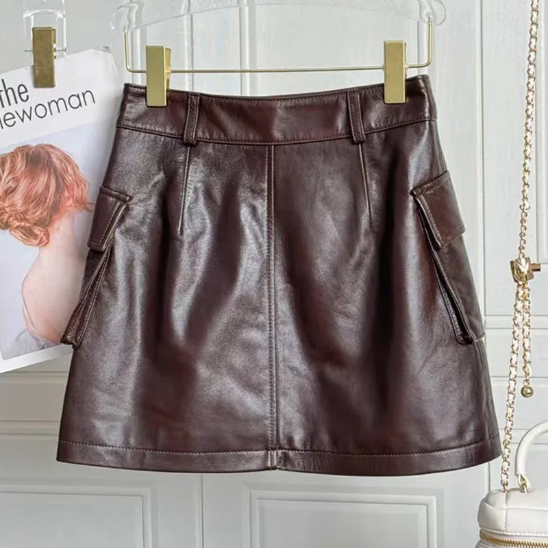 2025 Autumn/Winter New Genuine Leather Skirt for Women High Waist Side Pocket Slim Look Head Layer Sheepskin A-line Mini Jupe