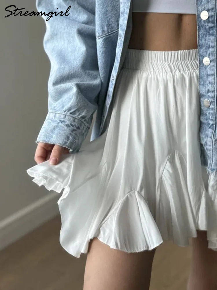 White Mini Ruffled Skirt Women Summer Elastic Waist Irregular Chiffon Skirts With Shorts Black Women's Pleated Skirt Mini 2025