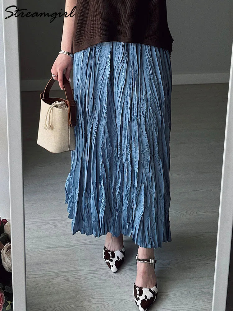 Streamgirl Women Summer Skirts Long Pleated A Line Elegant Solid Big Swing Maxi Skirt Ladies Blue White Beach Skirt Women Luxury