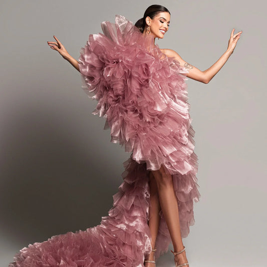 Beautiful Dusty Pink Organza Asymmetrical Women Dresses One Shoulder Layered Long Robe Matrnity Dress To Photoshoots