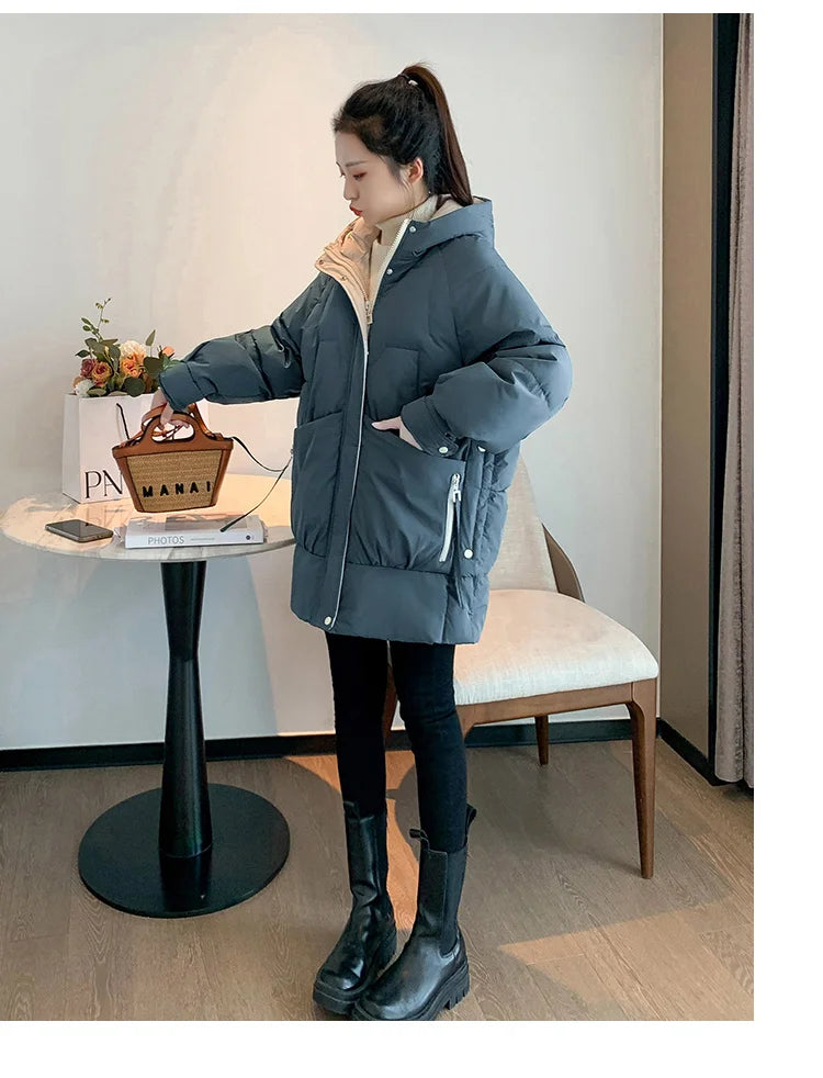 Winter women Solid Cotton Coat Removable Collar Pockets Decoration Warm Windbreak Loose Thick Casual Ladies Jacket High Quality