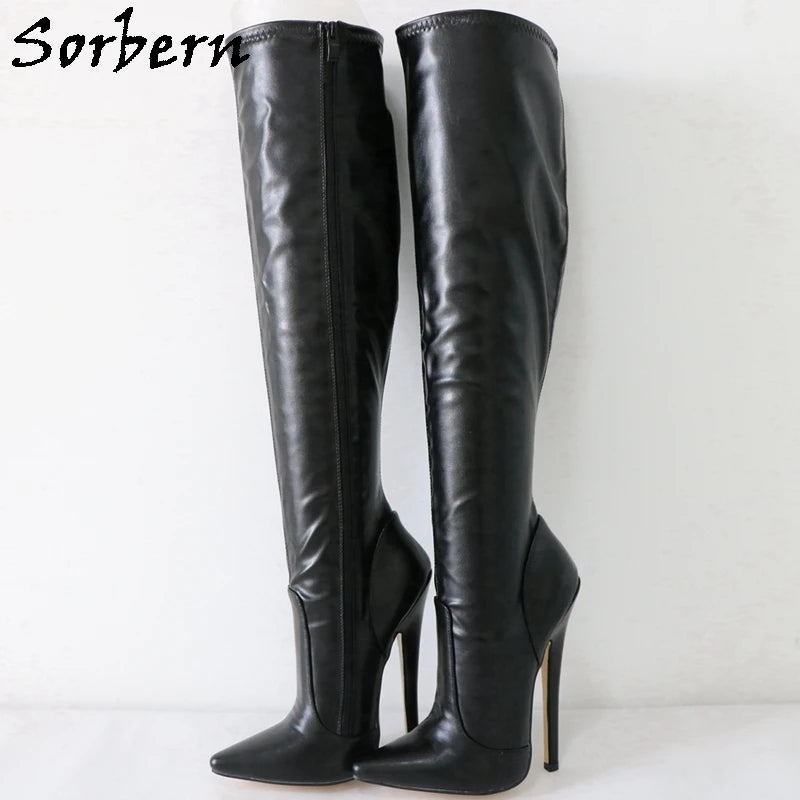 Sorbern Black Knee High Boots For Women 18Cm High Heel Stilettos Pointed Toe Custom Streched Matte Black Shoes