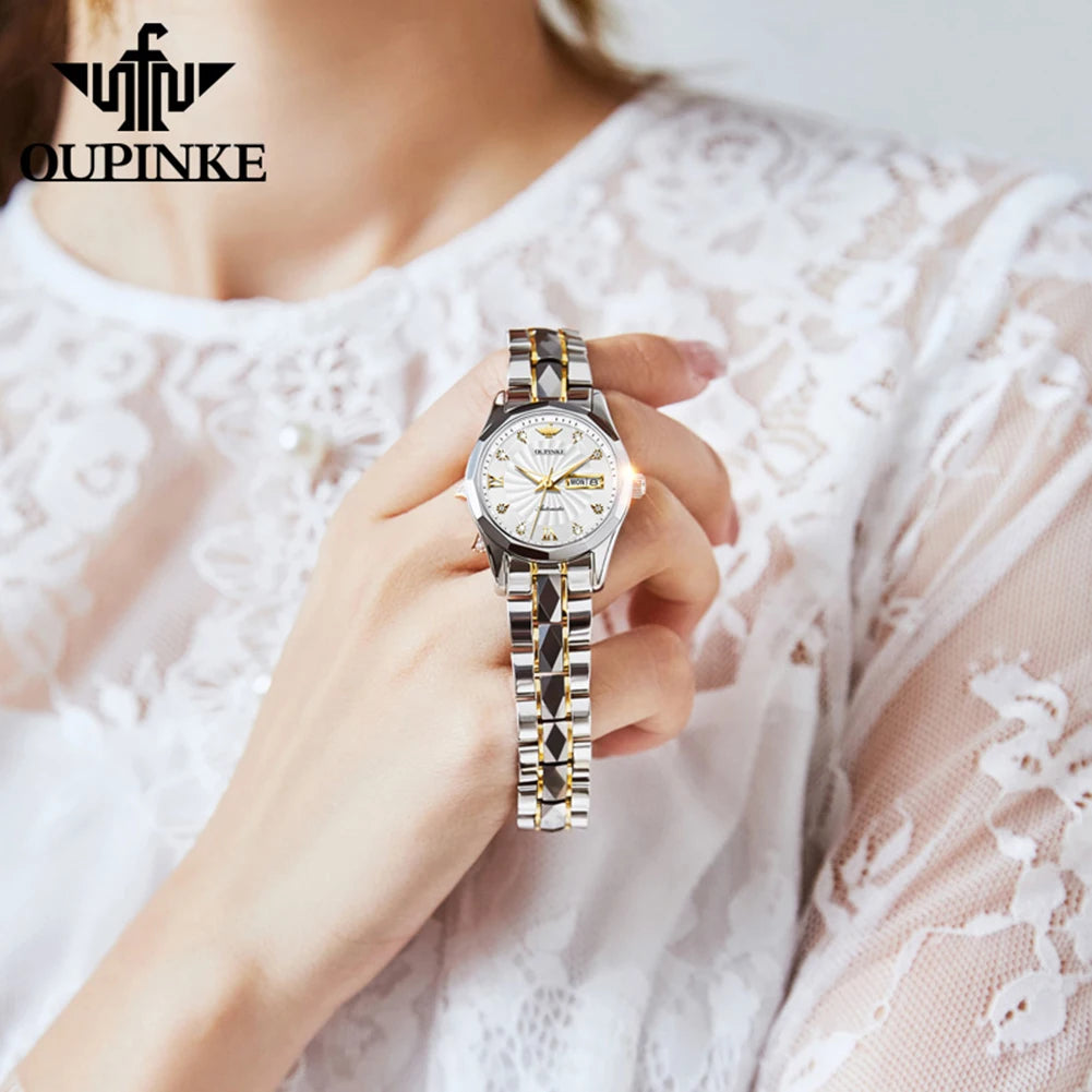 OUPINKE 3169 Women's Mechanical Watch Set Diamond Scale Whirlwind Dial Japan Movement Automatic Wristwatch Elegant Ladies Watch