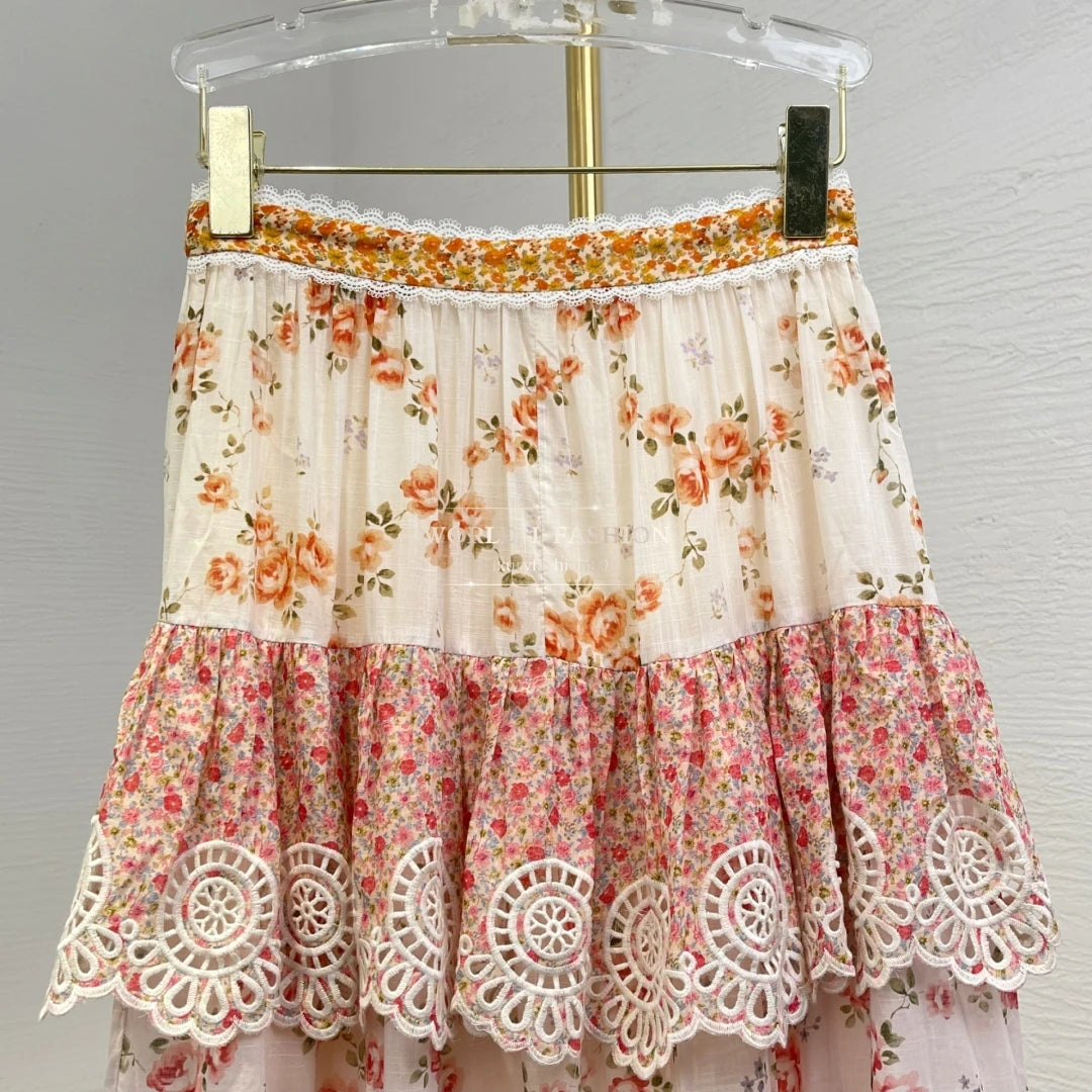 2025 New Fashion Pink/ White Floral Print Embroidery Cascading Layered Ruffles Frilled Midi Skirt