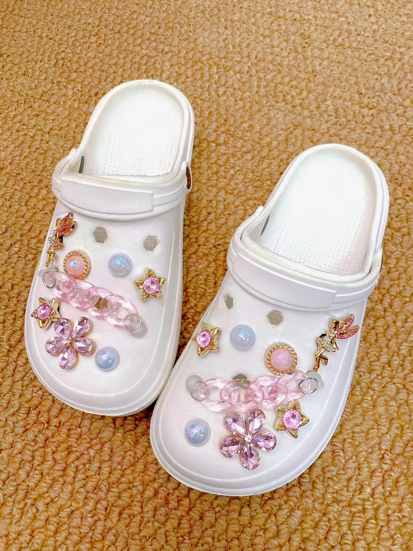 16 pieces of pink crystal chains, fairies, five-petal, beads, pink stars and other crocs accessories, ABS shoe flowers, DLY deco