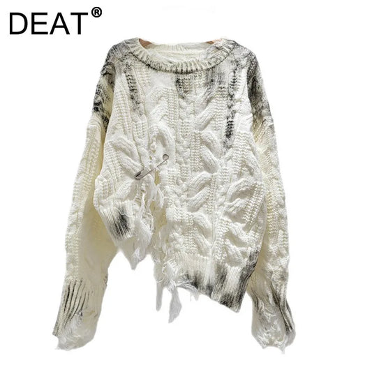 DEAT Women's Knitted Pullover Loose Broken Holes Split Irregular Long Sleeve O-neck Sweaters 2025 New Fashion Autumn 29A2892