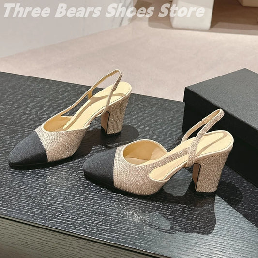 Crystal Mixed Colors Almond Shaped Toes Sling Back Zapatos Mujer Sheepskin Shallow Stiletto Heels Slip-on Woman Sandals 34-42