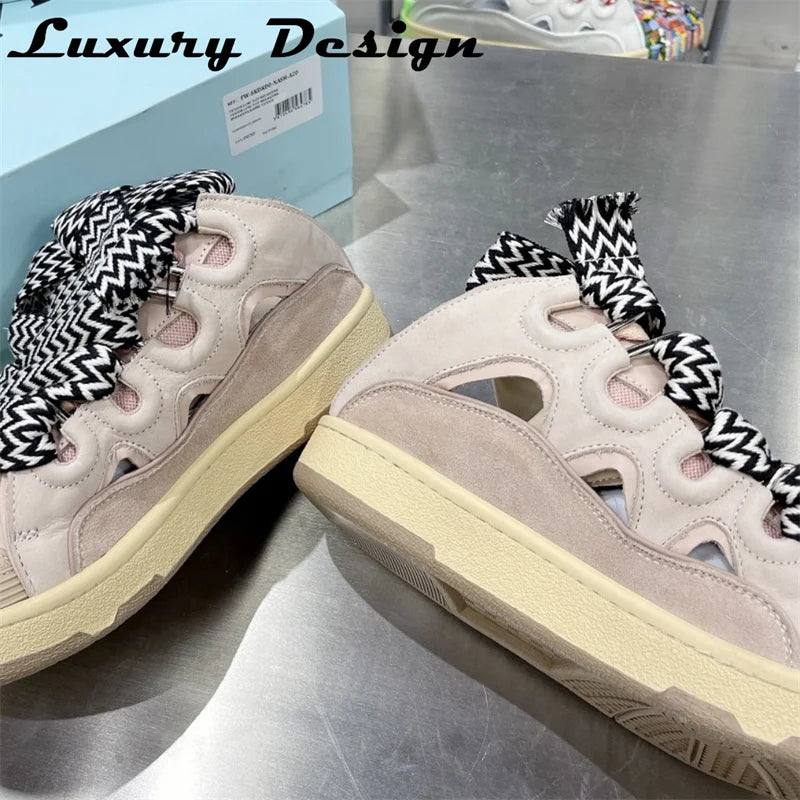 New Designer Slippers Sneakers Flat Shoes Women Luxury Brand Trainer Lace Up Men Top Quality Thick Laces Skateboard Shoes Unisex