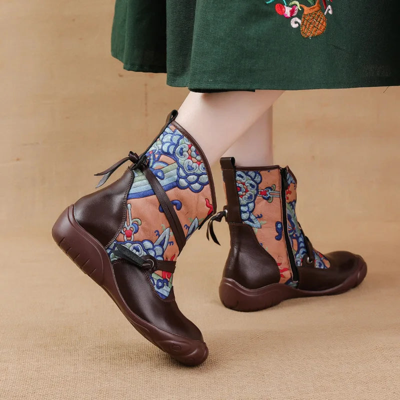 Xiuteng 2023 Ethnic Style Printed Retro Genuine Leather Shoes Women's Boots For Warmth And Comfort Cotton Ankle Shoes
