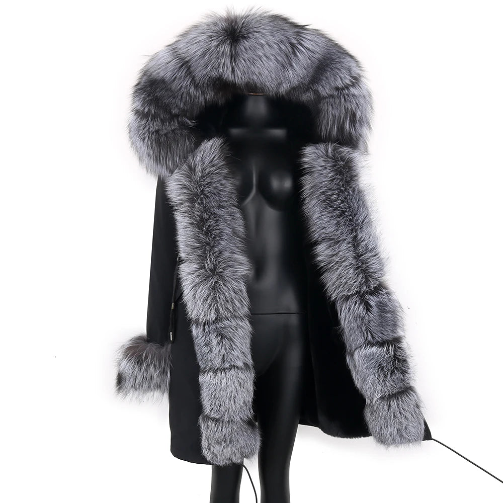 2025 Women's jacket Natural Real Fox fur Jacket Hooded black Woman parkas Winter warm Coat Parkas