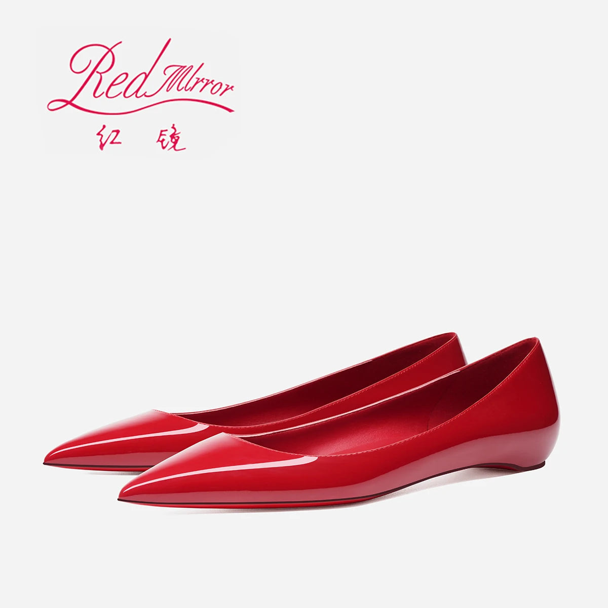 2025 New Style Pointed Bare Red Sole Flat Shoes Single Shoes Women's Lacquer Leather Inner Heightening Shallow Mouth Low Heels