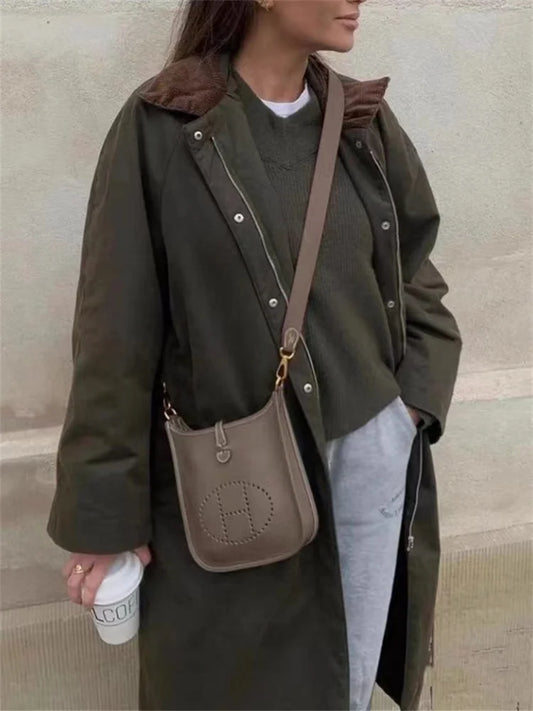 Women's Turn-Down Collar Long Coat Fashion Long-Sleeved Female Straight Back Slit Zipper Warm Jacket Top