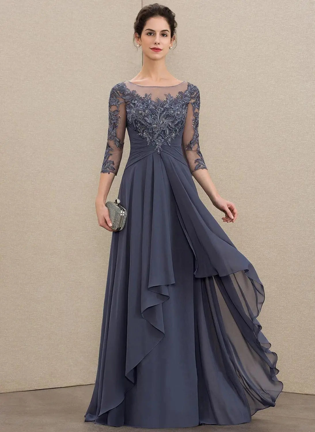 Women's Elegant Lace Mother of The Bride Dresses Scoop Neck Chiffon Ruffles Formal Evening Gowns A-Line Wedding Guest Gowns