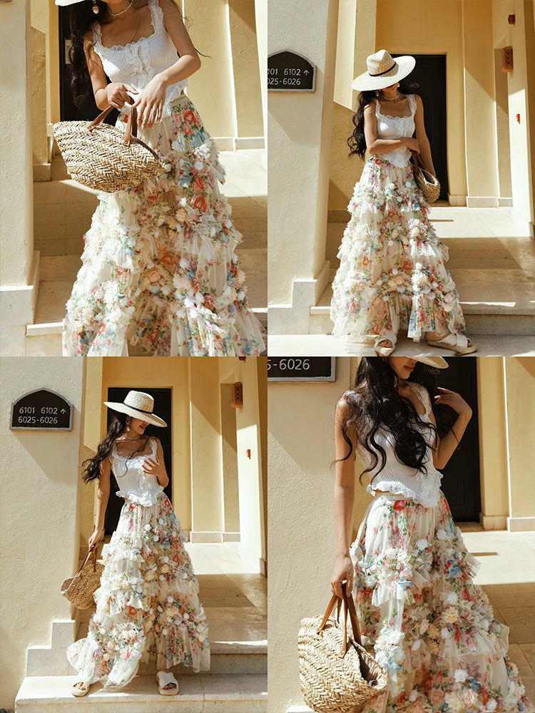 TIYIHAILEY-Women's Long Maxi Mesh Skirt, Elastic High Waist Layer Skirts, Beige Flowers Ball Gown, Fashion, 2025 New Ladies