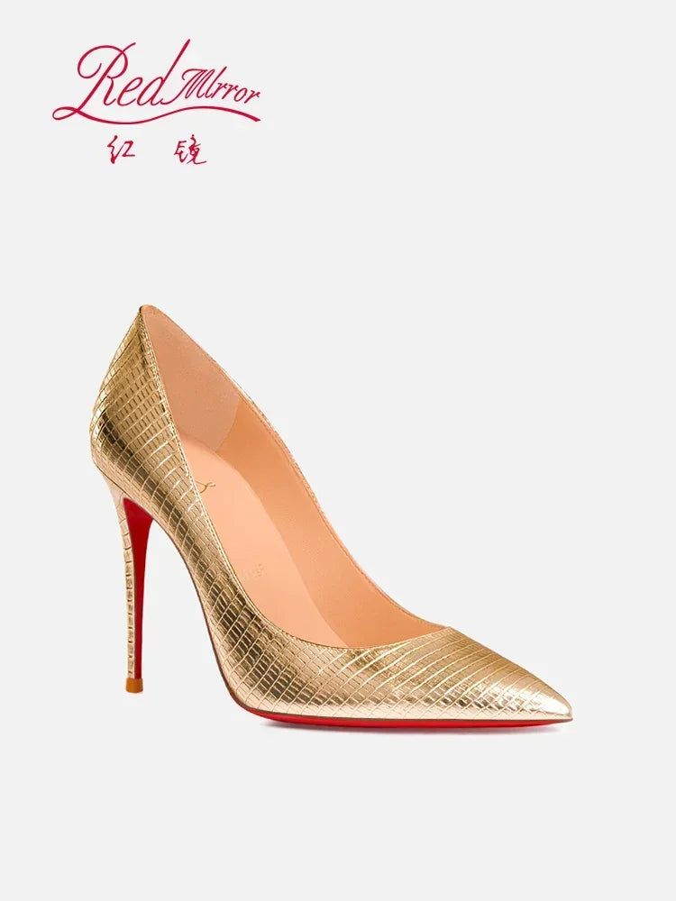 Spring/Summer Red Bottom Lizard Pattern Embossed Gold Pointed Shallow Mouth Slim Heels Sexy Banquet High Heels Single Shoes
