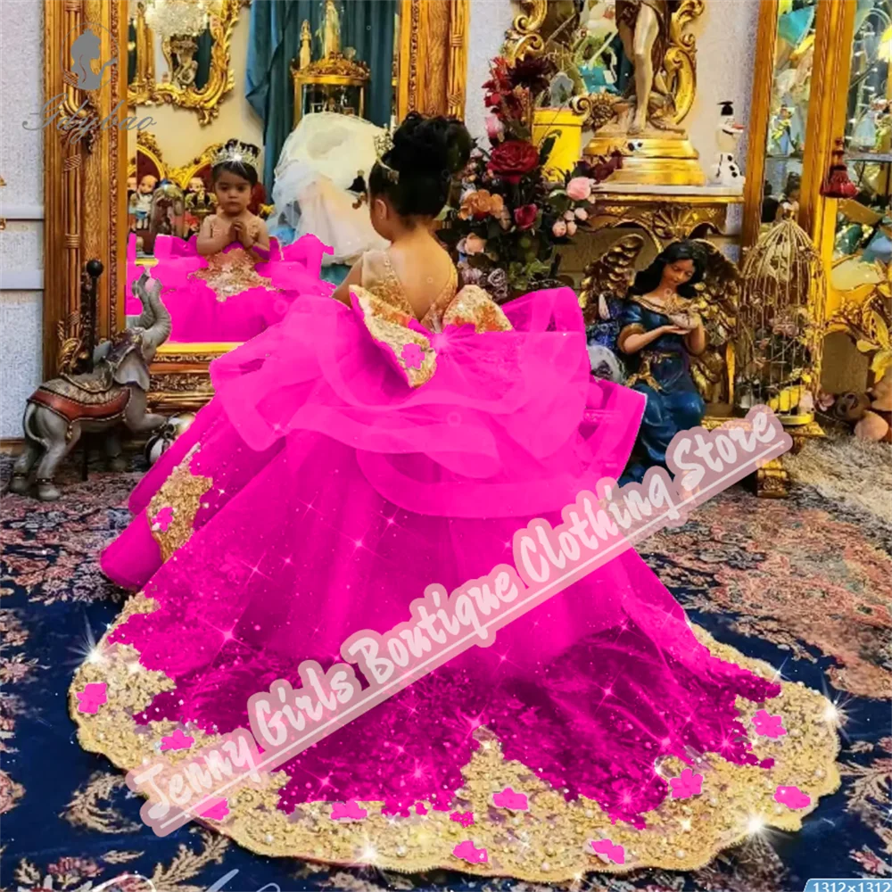 Rose Pink Girl Party Long Dresses Gold Appliqued Wedding 2025 Customized Birthday Pageant Feast Events Dress
