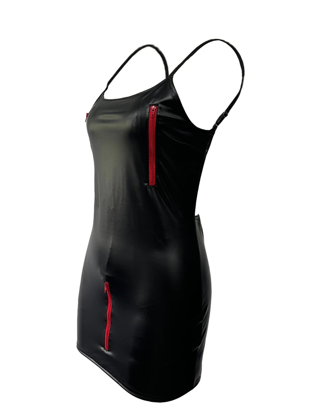Sexy Faux Leather Backless Dress Multi Zip Dress Spaghetti Strap Dress Dance Pole Clubwear Nightdress Summer Clothing for Women