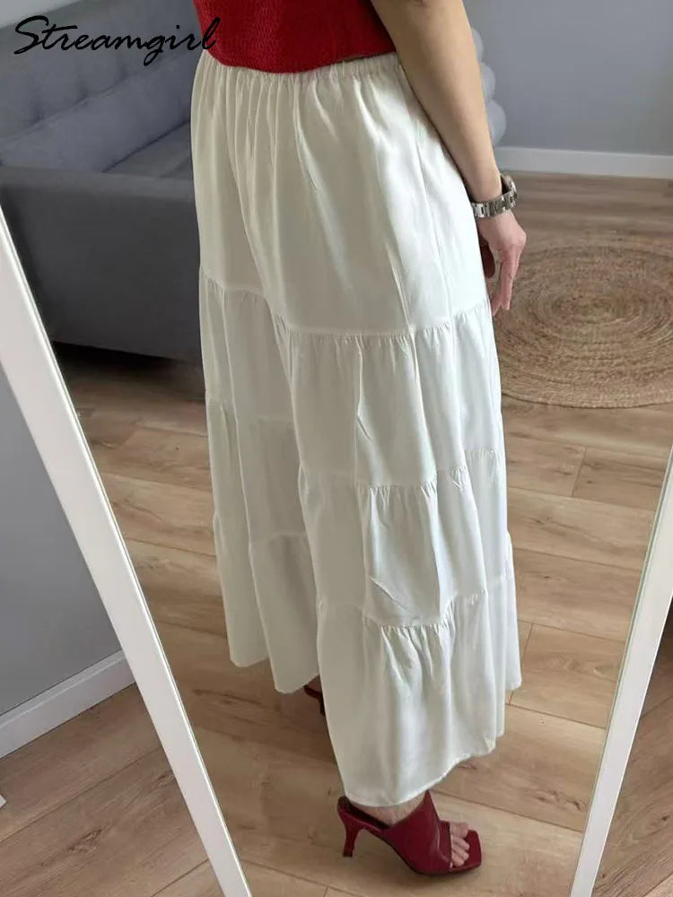 Brown Long Skirt Women Summer Cotton Ruffle Floral Skirt Woman Luxury Green Tie Up Loose White Women Long Skirts High Waisted